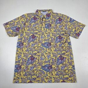 Hreski Polo Shirt Mens Large Yellow Paisley Print Stretch Short Sleeve Casual